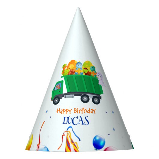 可愛い恐竜ごみトラックのバルーンバースデーボーイ パーティーハット (正面)