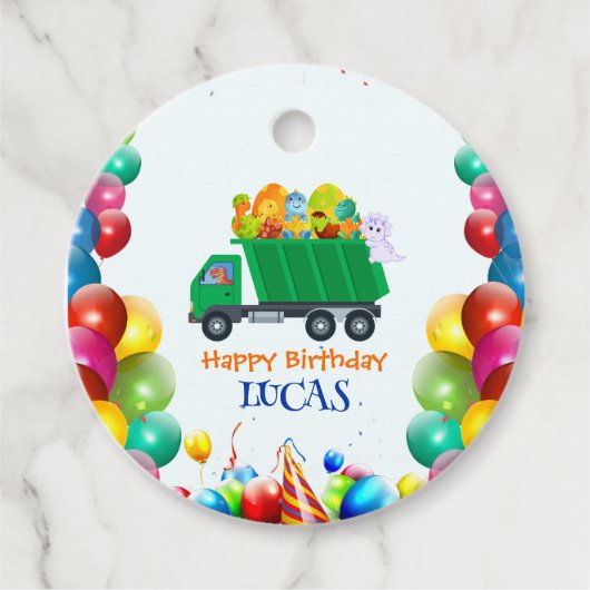 可愛い恐竜ごみトラックのバルーンバースデーボーイ フェイバータグ (正面)