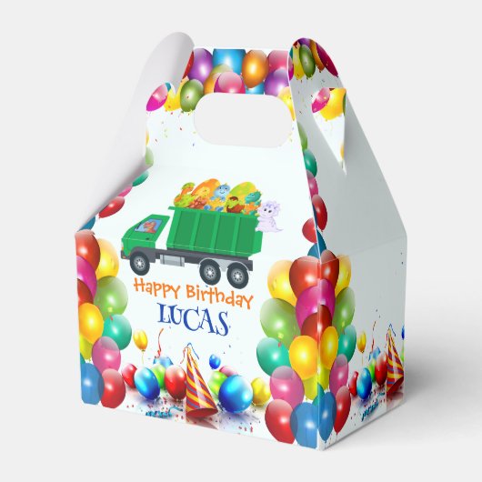 可愛い恐竜ごみトラックのバルーンバースデーボーイ フェイバーボックス (正面サイド)