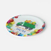 可愛い恐竜ごみトラックのバルーンバースデーボーイ ペーパープレート (アングル)