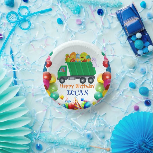 可愛い恐竜ごみトラックのバルーンバースデーボーイ ペーパーボウル (パーティー)