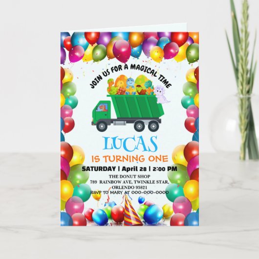 可愛い恐竜ごみトラックのバルーンバースデーボーイ 招待状 (正面)