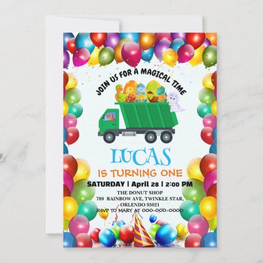 可愛い恐竜ごみトラックのバルーンバースデーボーイ 招待状 (正面)