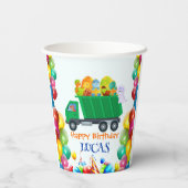 可愛い恐竜ごみトラックのバルーンバースデーボーイ 紙コップ (裏面)