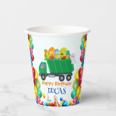 可愛い恐竜ごみトラックのバルーンバースデーボーイ 紙コップ (正面)