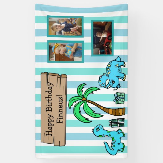 可愛い恐竜とフォトボーイ誕生日 横断幕 (縦)