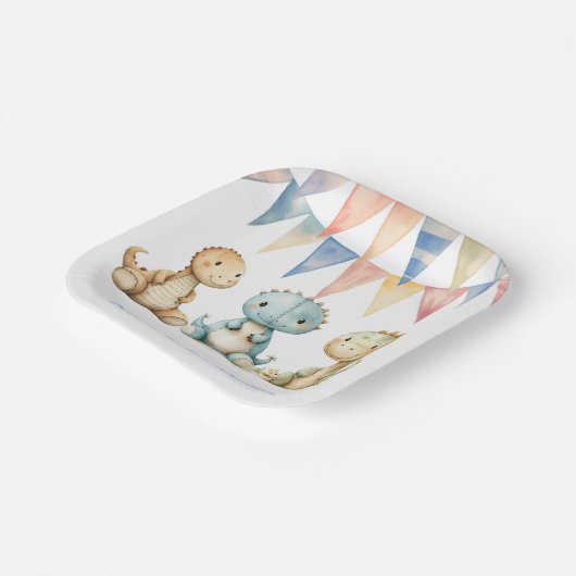 可愛い恐竜と友達の男の子の赤ちゃんシャワー ペーパープレート (傾斜あり)