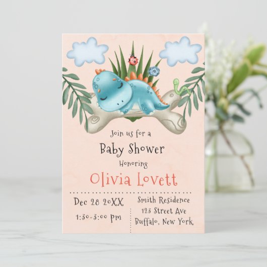 可愛い恐竜と友達の男の子の赤ちゃんシャワー 招待状 (スタンド正面)
