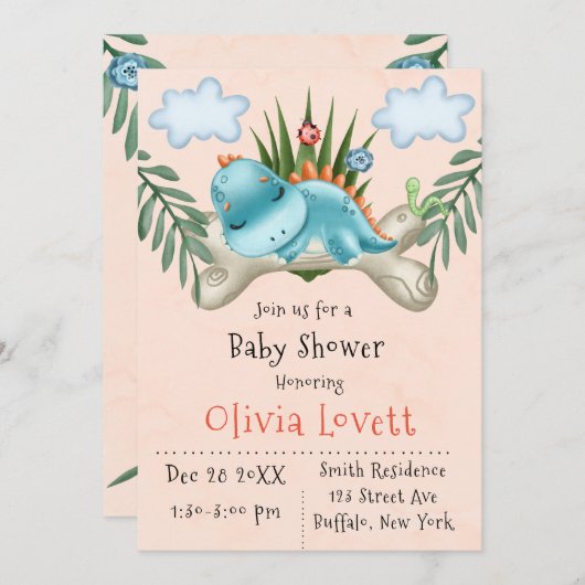 可愛い恐竜と友達の男の子の赤ちゃんシャワー 招待状 (正面/裏面)