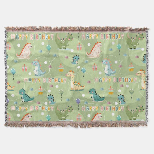 可愛い恐竜と緑の誕生日のパーティー スローブランケット (正面)