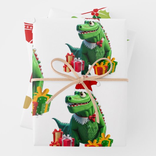 可愛い恐竜のクリスマス ラッピングペーパーシート (インサイチュ)