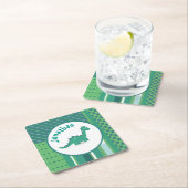 可愛い恐竜のグリー/ブルーの丸いフレーム スクエアペーパーコースター (インサイチュ)