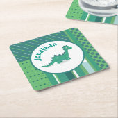 可愛い恐竜のグリー/ブルーの丸いフレーム スクエアペーパーコースター (アングル)