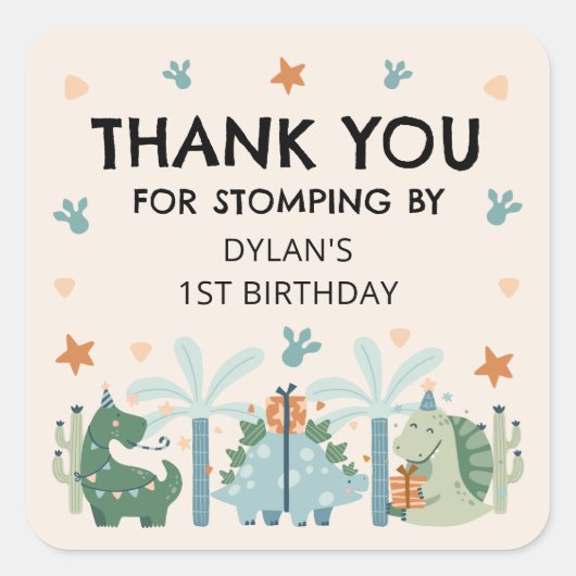 可愛い恐竜のストンプ誕生日パーティーありがとう スクエアシール (正面)