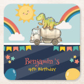 可愛い恐竜のセメントトラックレインボースクール誕生日 スクエアペーパーコースター (正面)