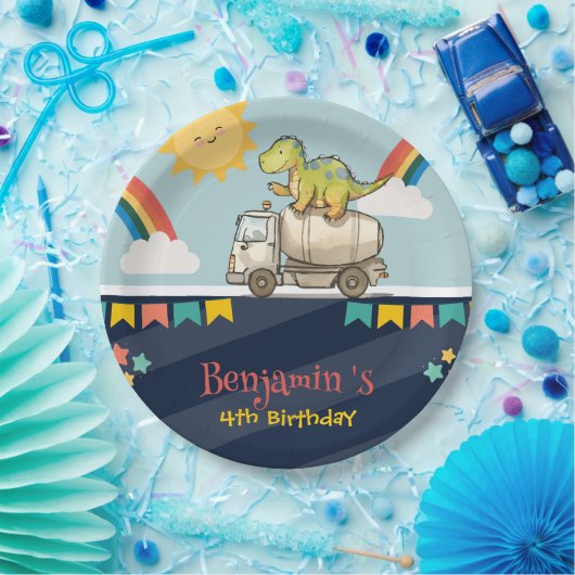 可愛い恐竜のセメントトラックレインボースクール誕生日 ペーパープレート (パーティー)