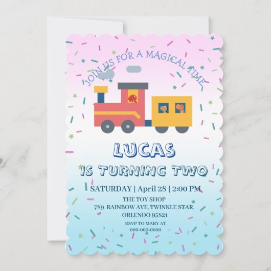 可愛い恐竜のトレイントラック誕生日パーティーボーイネーム 招待状 (正面)