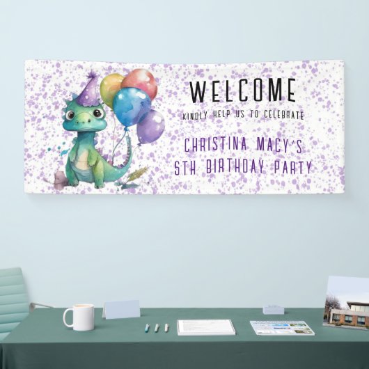 可愛い恐竜のバルーン女の子の誕生日パーティーへようこそ 横断幕 (トレードショー)