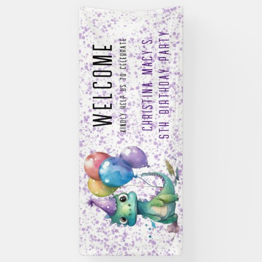 可愛い恐竜のバルーン女の子の誕生日パーティーへようこそ 横断幕 (縦)