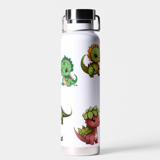 可愛い恐竜のパターンのパーソナライズされた子供の名前 ウォーターボトル (背面)