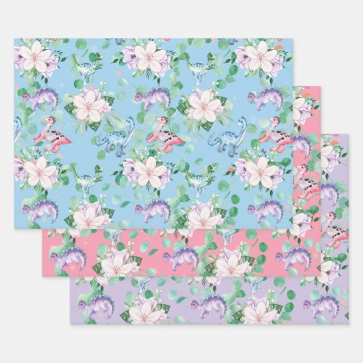 可愛い恐竜のフローライラストレーションキッズパーティー ラッピングペーパーシート (セット)