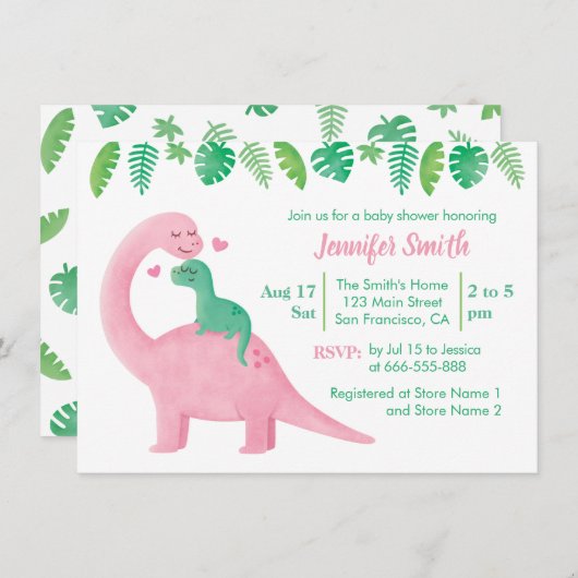 可愛い恐竜のベビーと母のベビーシャワー 招待状 (正面/裏面)
