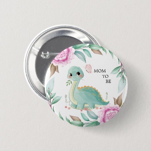 可愛い恐竜のママは赤ちゃんシャワーボタン 缶バッジ (正面&裏面)
