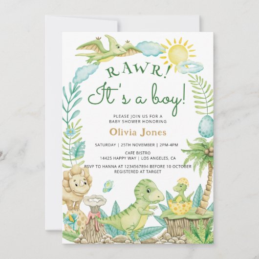 可愛い恐竜の卵の水の色の男の子のシャワー 招待状 (正面)