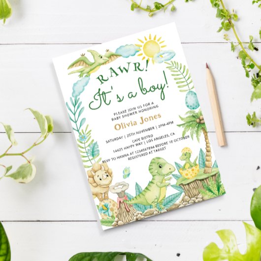 可愛い恐竜の卵の水の色の男の子のシャワー 招待状