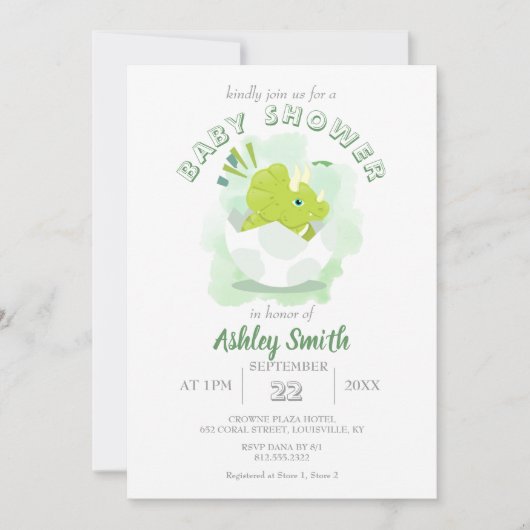 可愛い恐竜の卵の緑の水の色ベビーシャワーInv 招待状 (正面)