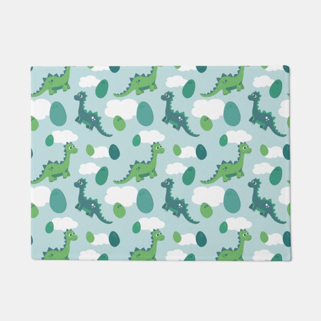 可愛い恐竜の卵の青い緑のパター ドアマット (正面)