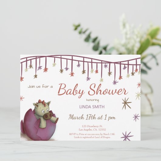 可愛い恐竜の卵パープルガール赤ちゃんシャワーinvitati 招待状 (スタンド正面)