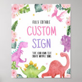 可愛い恐竜の女の子の誕生日パーティーテーブルサイン ポスター (正面)