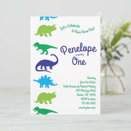 可愛い恐竜の子どもたち，1歳の誕生日ディノパーティー 招待状 (スタンド正面)