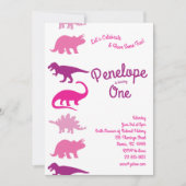 可愛い恐竜の子どもたち，1歳の誕生日ピンクのディノパーティー 招待状 (正面)