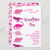 可愛い恐竜の子どもたち,1歳の誕生日ピンクのディノパーティー 招待状 (正面/裏面)