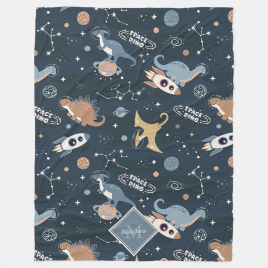 可愛い恐竜の宇宙柄の子ども フリースブランケット (正面)