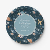 可愛い恐竜の宇宙模様子供の誕生日 ペーパープレート (正面)