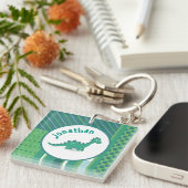 可愛い恐竜の少年の名前と緑/青 キーホルダー (正面右)