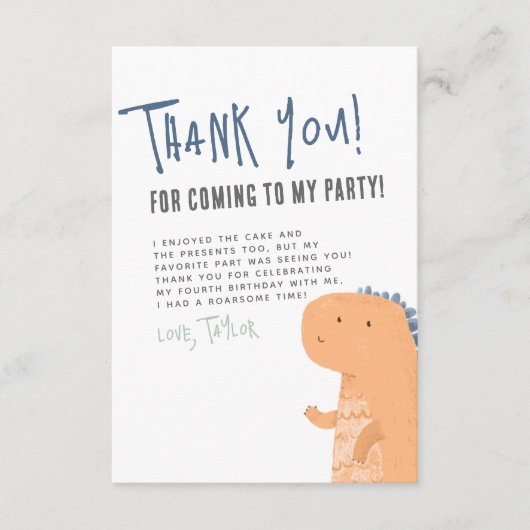 可愛い恐竜の手書き少年の誕生日パーティー サンキューカード (正面)