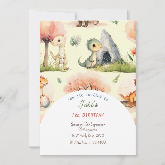 可愛い恐竜の招待による誕生日パーティー 招待状 (正面)