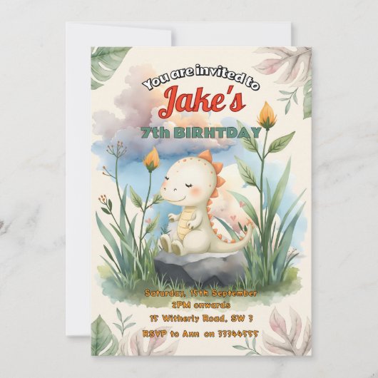 可愛い恐竜の招待による誕生日パーティー 招待状 (正面)