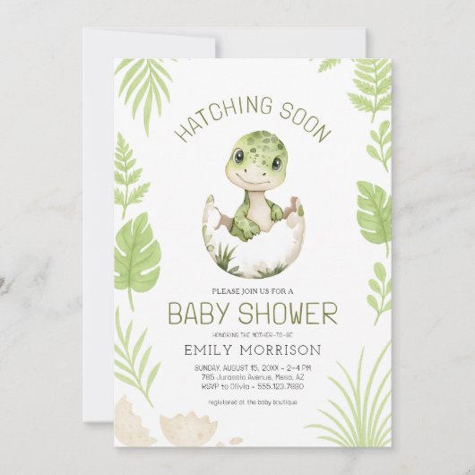 可愛い恐竜の水の色の孵化すぐに赤ちゃんシャワー 招待状 (正面)