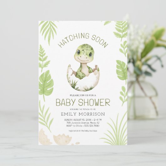 可愛い恐竜の水の色の孵化すぐに赤ちゃんシャワー 招待状 (スタンド正面)