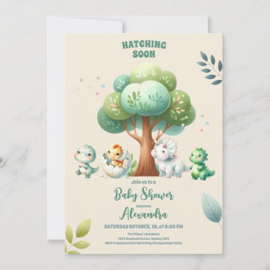 可愛い恐竜の水の色の孵化すぐに赤ちゃんシャワー 招待状 (正面)