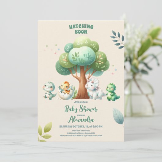 可愛い恐竜の水の色の孵化すぐに赤ちゃんシャワー 招待状 (スタンド正面)