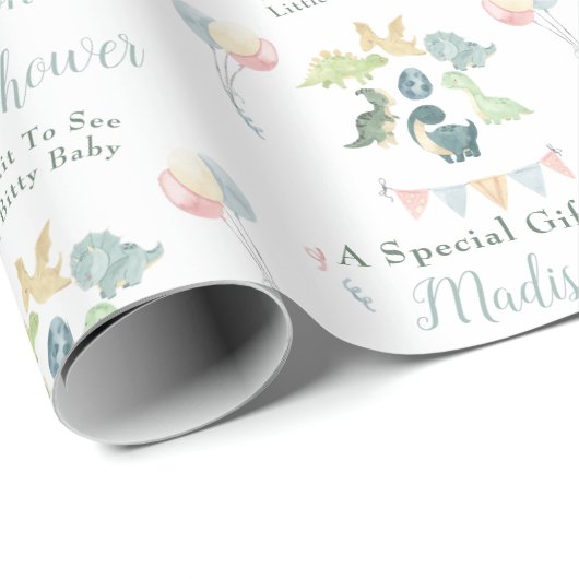 可愛い恐竜の水彩赤ちゃんシャワーパーソナライズされた ラッピングペーパー (ロールコーナー)