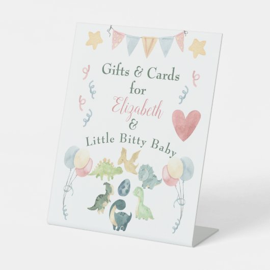 可愛い恐竜の水彩赤ちゃんシャワーピンク 台座サイン (正面)