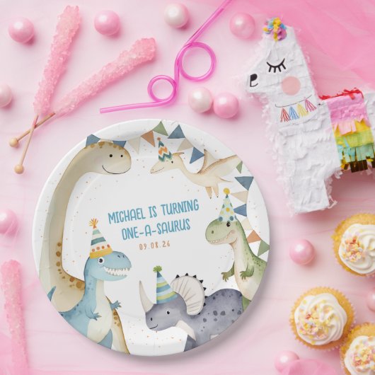 可愛い恐竜の男の子のダイノマイト誕生日パーティー ペーパープレート (パーティー)