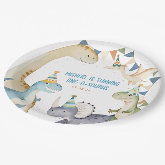 可愛い恐竜の男の子のダイノマイト誕生日パーティー ペーパープレート (アングル)